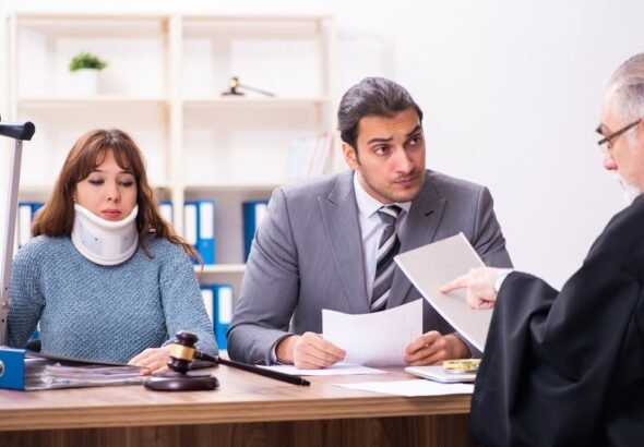 Young,Woman,In,Courthouse,With,Judge,And,Lawyer